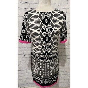 Eliza J Black White Geometric Print Boatneck Zip Shift Dress Petite 2 Lined